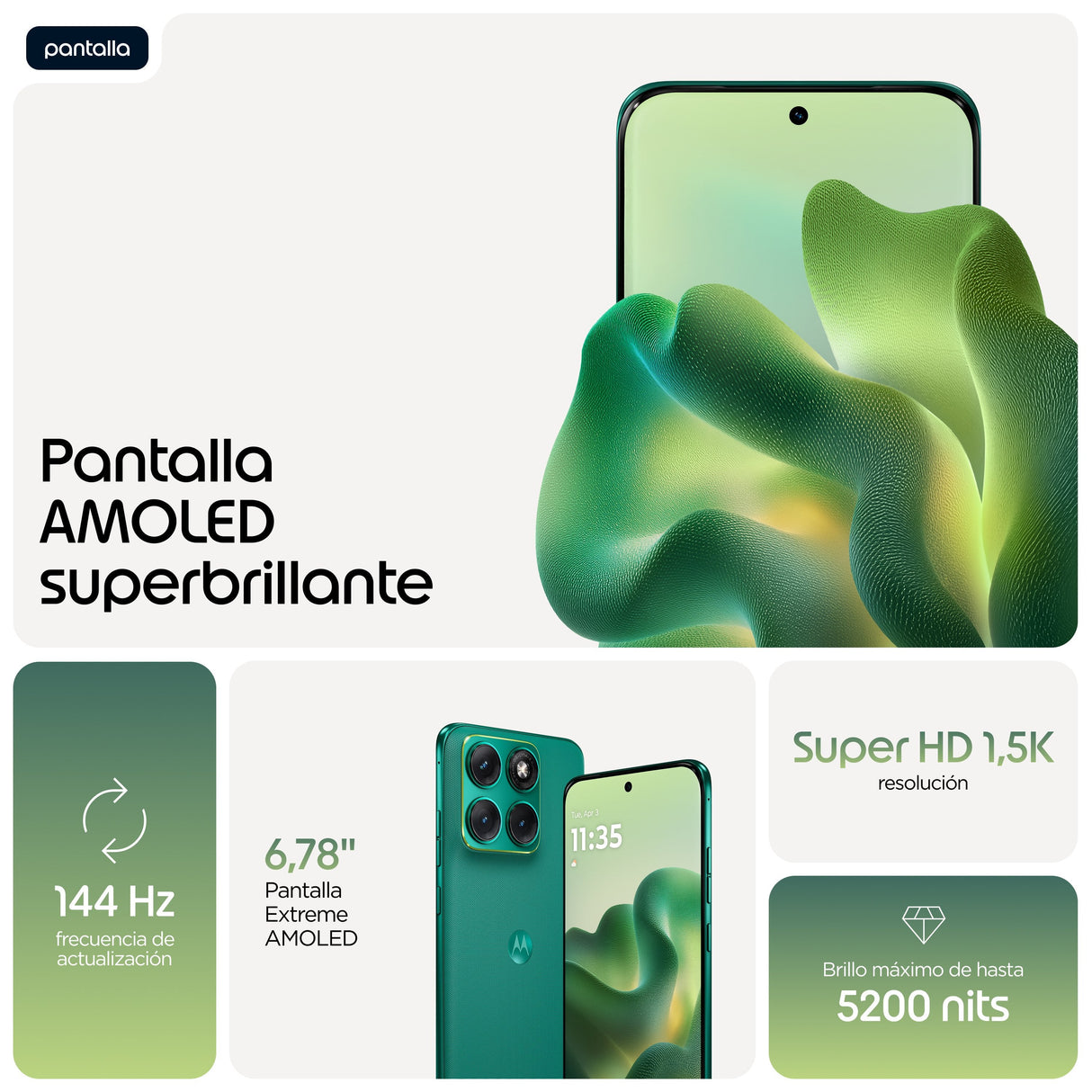 Motorola Edge 70 Fusion 5g Smartphone Sim Doble Ram 8 Gb / Memoria Interna 256 Gb Pantalla Oled 6.78" 2772 X 1272 Píxeles (144 Hz) 3 X Cámaras Traseras 50 Mp 13 Mp Front Camera 32 Mp Pantone Sporting Green