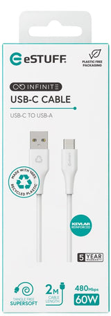 Infinite Usb-C To Usb-A Cable - 2m White. Recycled Plastic. - Super Soft - Warranty: 60m