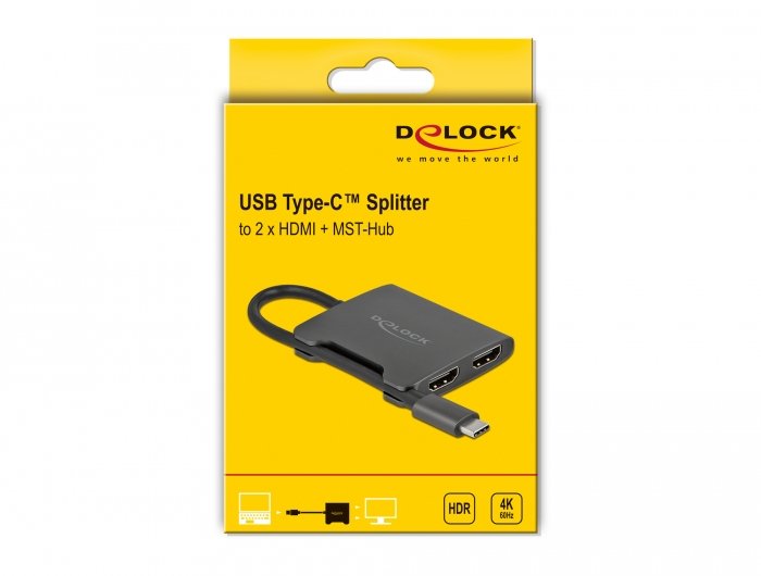 Adaptador Usb Delock, Enchufe Usb-C > 2x Toma Hdmi Negro, 15 Cm, Divisor De Vídeo, Mst 4k 60 Hz 87778