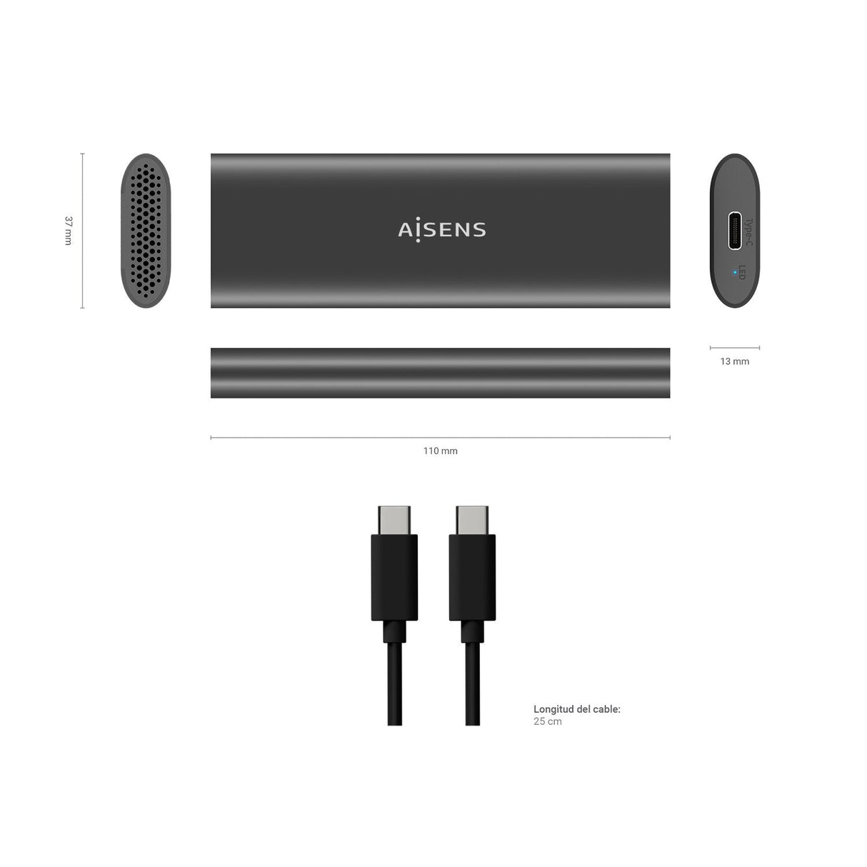 Aisens Caja Externa Para Disco Ssd M.2 Sata Nvme Usb 3.1  Sin Tornillos Asm2-015gr