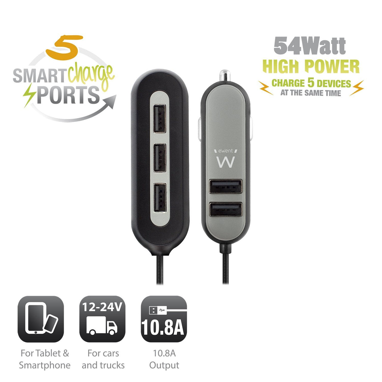 Cargador Usb Ewent Para Coche/ 5 Puertos/ 54w