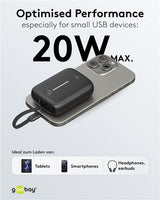 Goobay Powerbank 10.000 Mah, Integriertes Usb-C Cable 13cm, 20 Watt (Negro, 10 Ah, 1x Usb-A, 2x Usb-C, Pd, Qc) 76251
