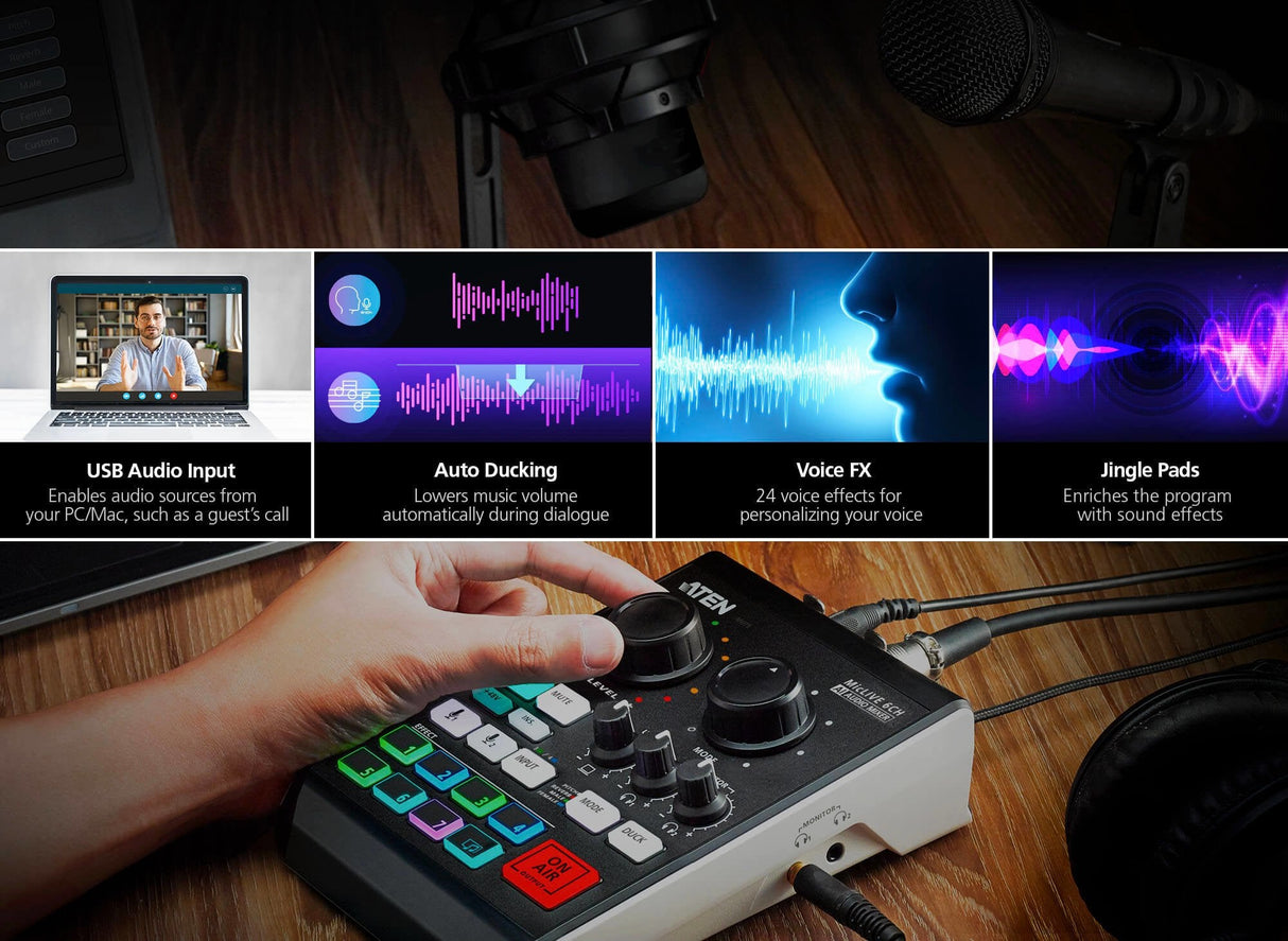 Aten Mezclador De Audio Para Pódcast Con Ia  Miclive De 6 Canales