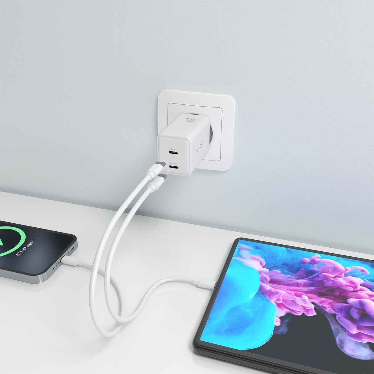 Aisens Cargador Gan 65w, 2xusb-C Pd3.0 Qc4.0, Blanco