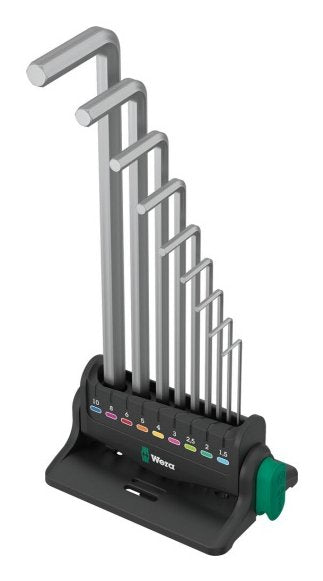 Wera 950/9 Hex-Plus 8 Juego De Llaves Acodadas, 9 Piezas, Destornillador Cromado, Con Clip De Retención Y Soporte De Pared 5022102001