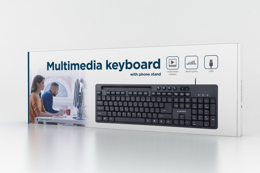 Teclado (Ingles) Multimedia Gembird Kb-Um-108 Usb, Diseño De Ee. Uu., Con Soporte Para Teléfono, Negro