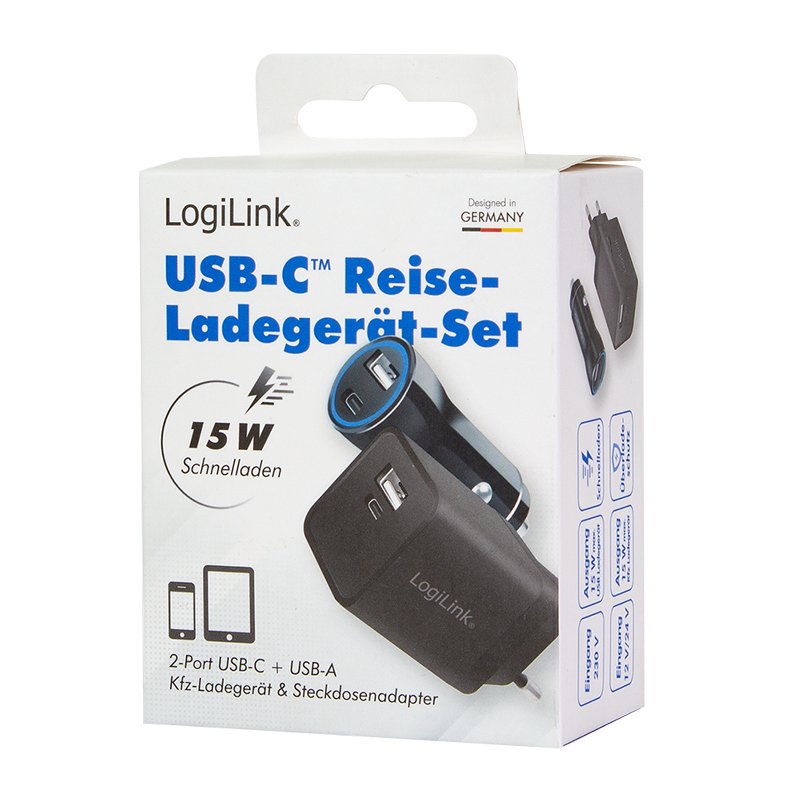 Logilink Usb-A C Charging Kit, 15 W, Each 1x Usb-A, 1x Usb-C, Negro