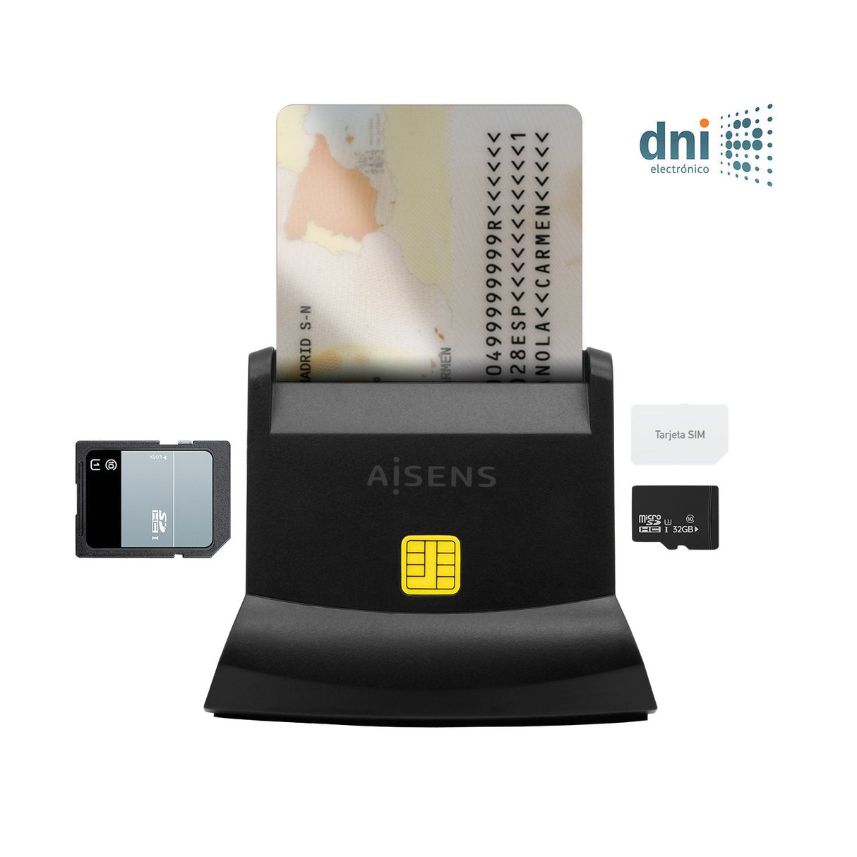 Aisens Lector De Tarjetas Inteligente Dni Con Lector Sim, Sd, Mirosd, Mmc, Rs-Mmc, Mmc Micro, Usb-C, Negro