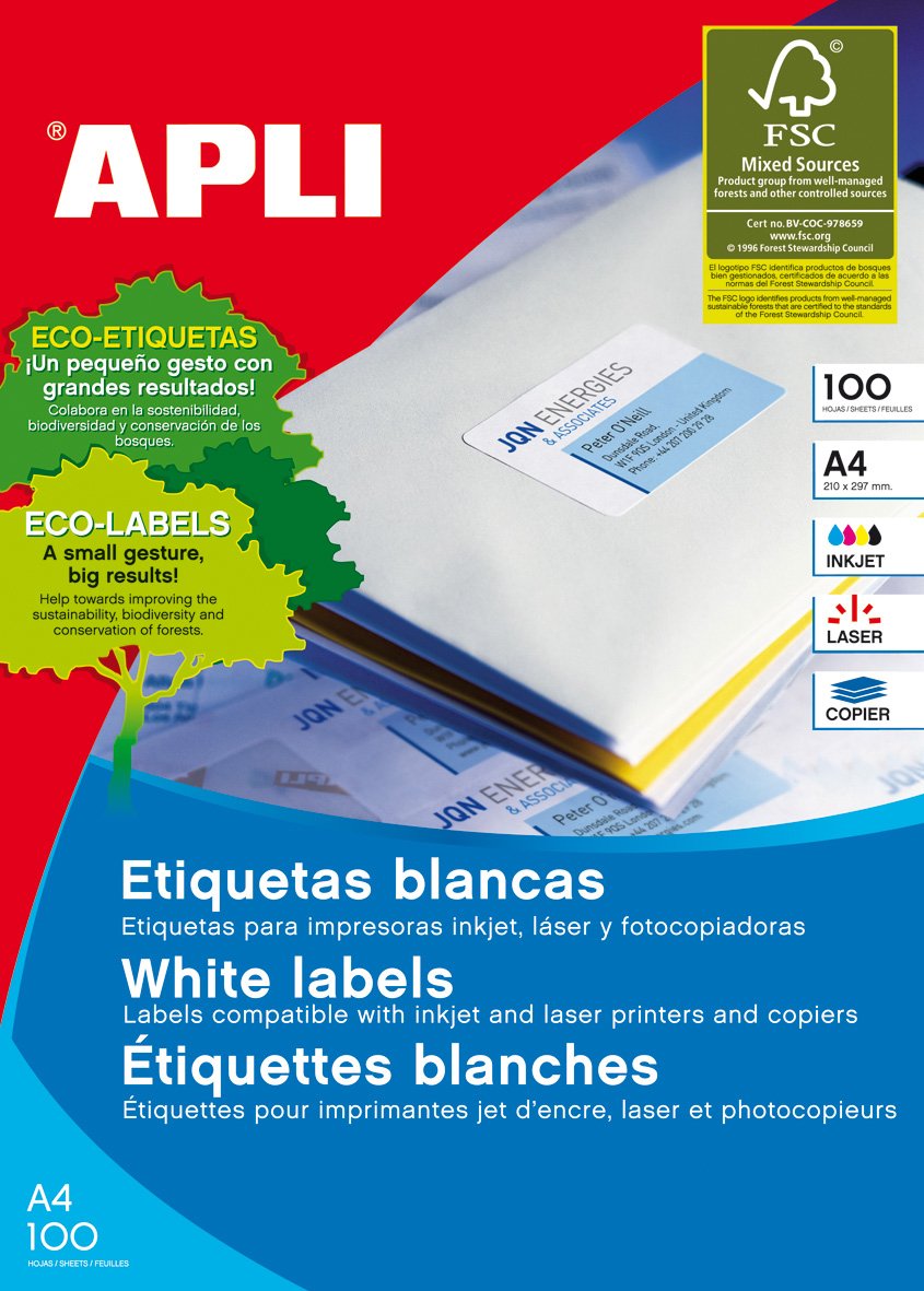 Apli Etiquetas Adhesivas 70x30mm Inkjet/Láser C/Rectos 27 X 100h Blanco