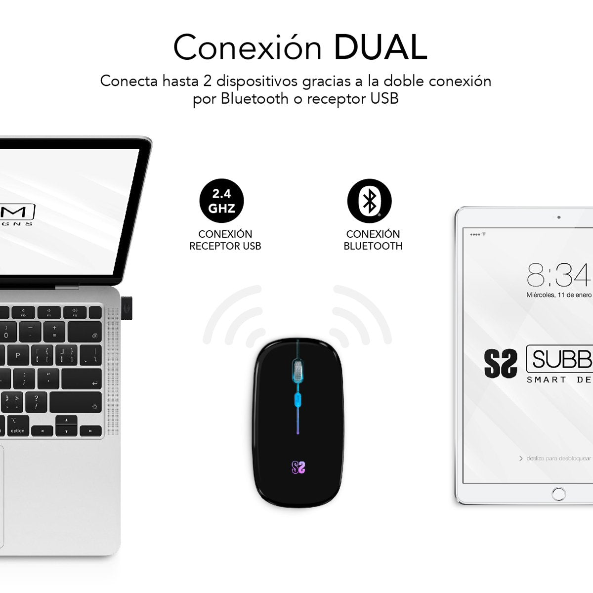 EAN 8436586742027 - SUBBLIM SUBMO-LDFLAT1 ratón Oficina Ambidextro RF Wireless + Bluetooth + USB Type-A Óptico 1600 DPI imagen 2
