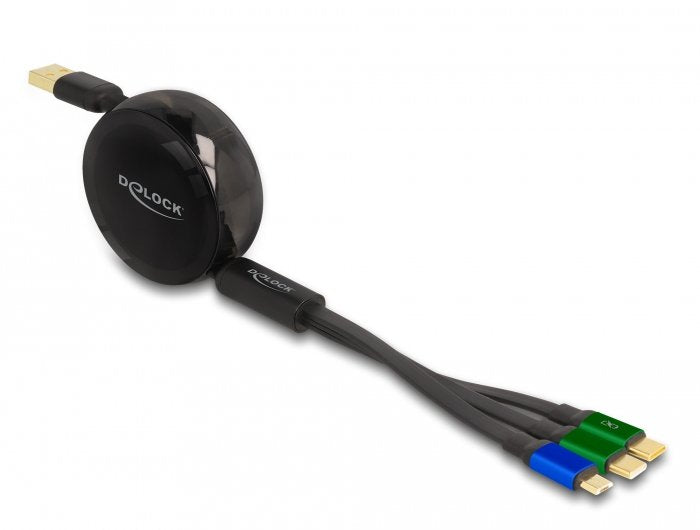 Delock 85359 Usb 3 In 1 Retractable Charging Cable For Micro Usb / 2 X Usb Type-C With Fast Charging Black