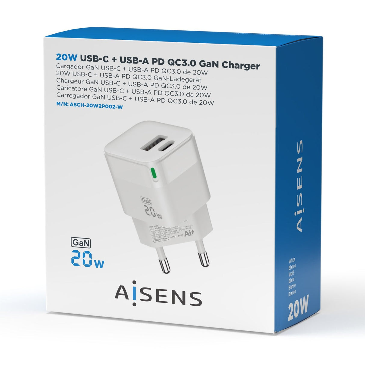Aisens Cargador Gan 20w - 1xusb-C Pd3.0 Qc4.0 - 1xusb-A Qc3.0 - Blanco