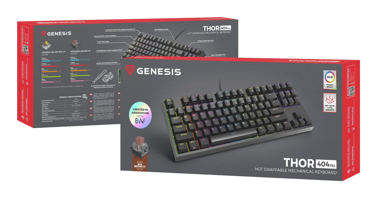 Genesis Thor 404 Tkl Rgb Mechanical Gaming Keyboard, Kailh Box Brown V2 Switch, Us Layout, Wired, Black