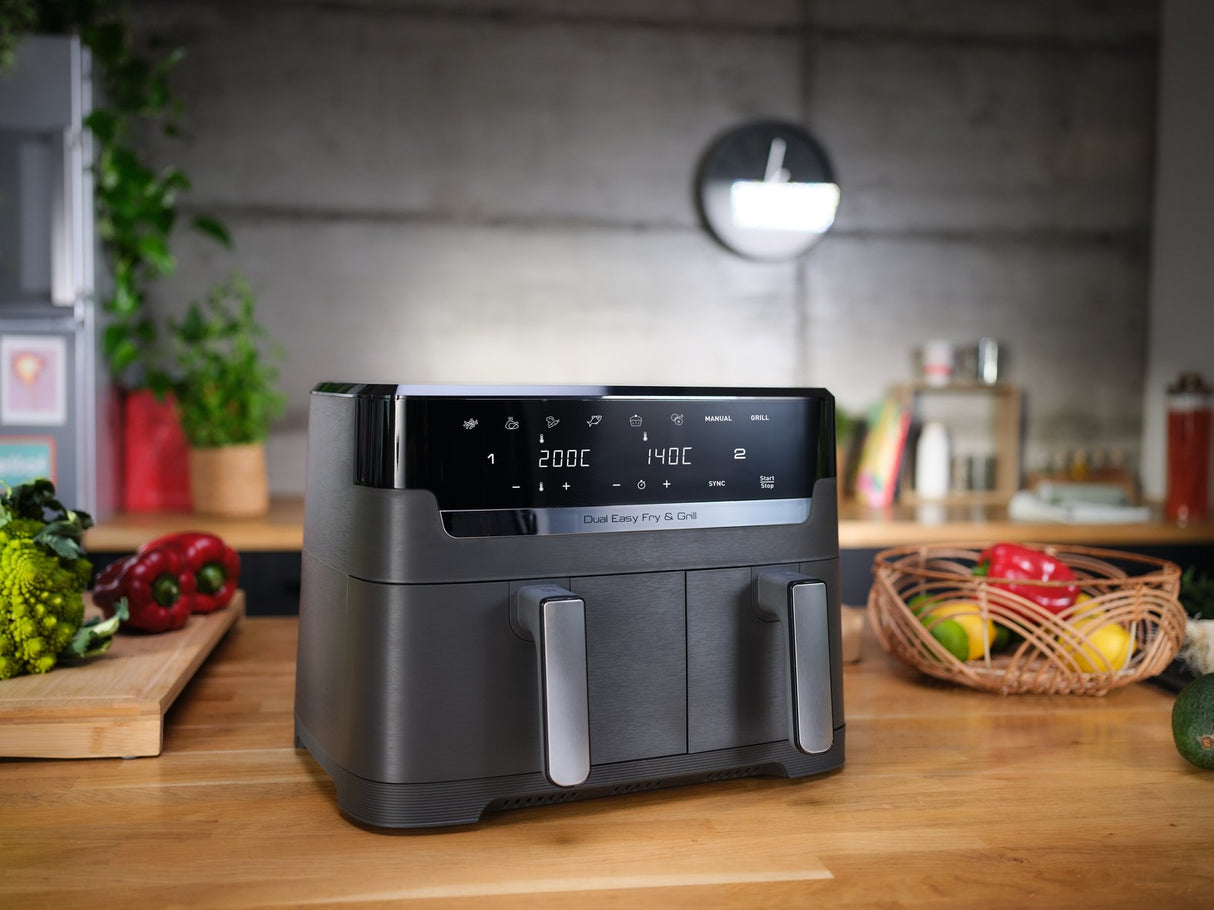 Freidora De Aire Caliente Doble Tefal Dual Easy Fry & Grill Negra, 2.700 Vatios, 2 Cestos 5,2 Litros + 3,1 Litros Ey905b