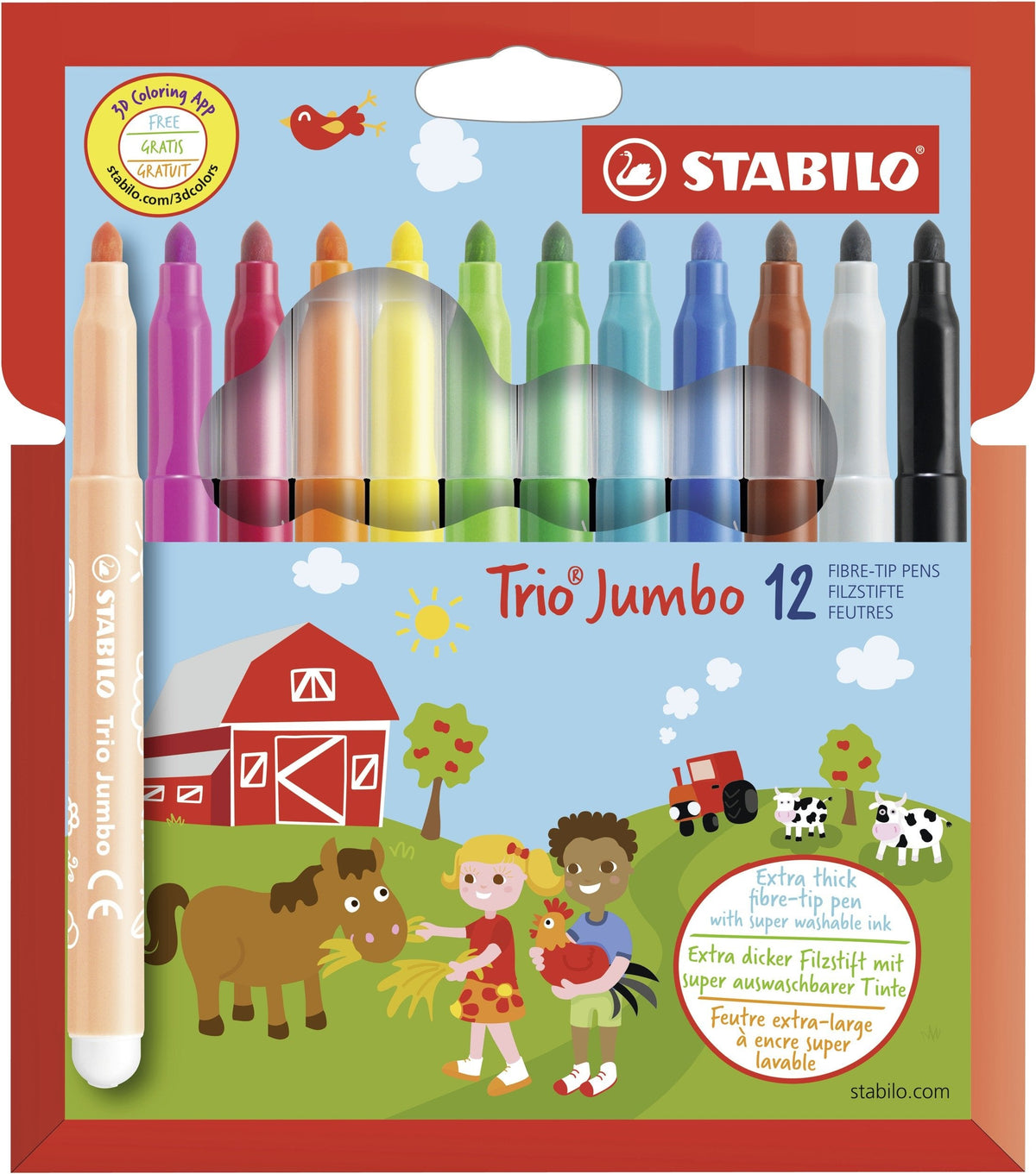 Stabilo Trio Jumbo - Rotulador - No Permanente - Varios Colores - 3 Mm - Extragross (Paquete De 12)
