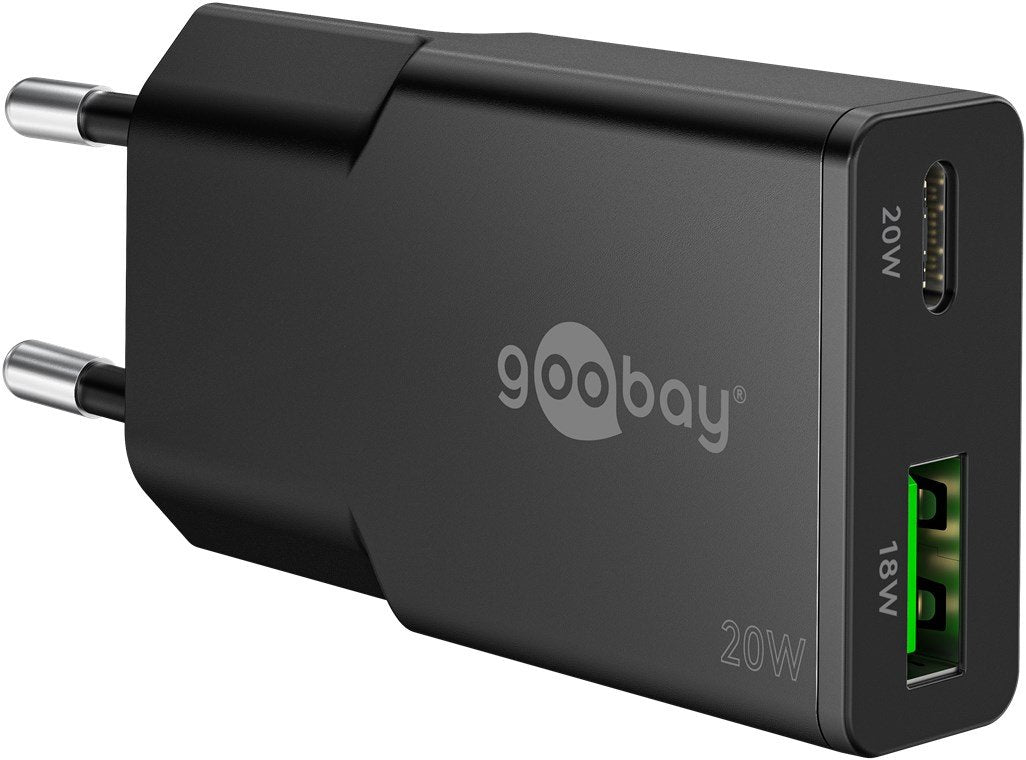 Cargador  20w Usb 2 Puert. Usb-C Pd X , Usb-A Qc 1 Gan Dual Fast Charger Slim Negro Goobay