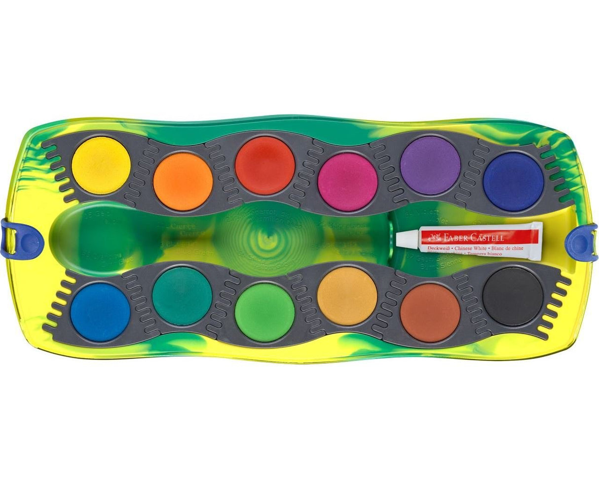 Faber-Castell Connector Dinosaurio Pack De 12 Acuarelas En Pastilla + Pintura Blanca Opaca + Pegatinas - Gran Opacidad