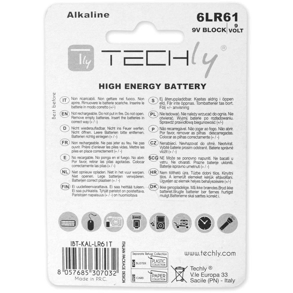 Techly 307032 Alkaline Battery 9v 6lr61 Pp3 1 Pcs