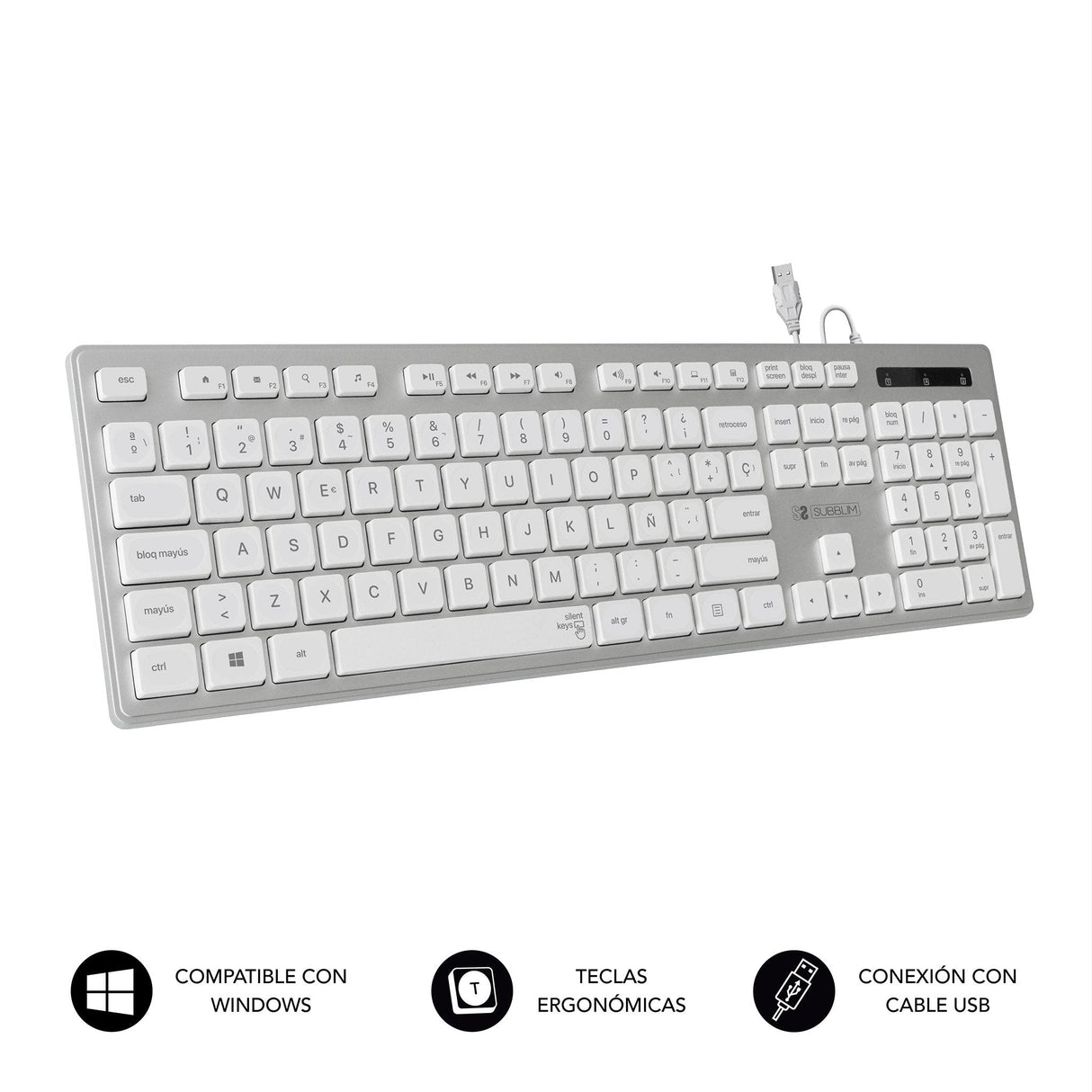 Teclado Subblim Wired Ergo Keys Silent Flat Hq Plata