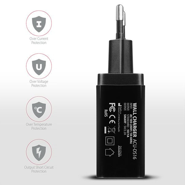 Axagon Acu-Ds16, Cargador De Red Smart, 2x Salidas Usb 5v / 2.2a + 5v / 1a, 16w