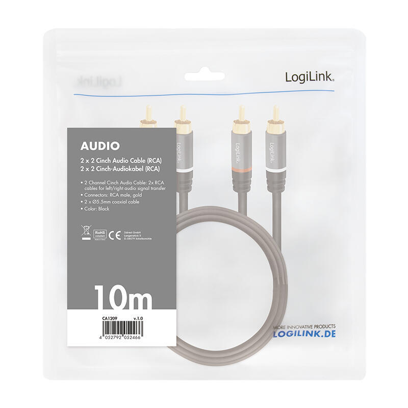 Cable 10,00m  2xrca M 2xrca M Conector Metalico Negro- Rojo Y Blanco Logilink Retail Polybag