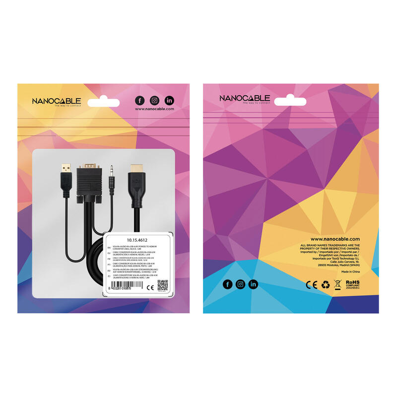 Cable Conversor Nanocable 10.15.4612 Hdmi Macho Vga Macho Jack 3.5 Macho Usb Macho 1.8m Negro