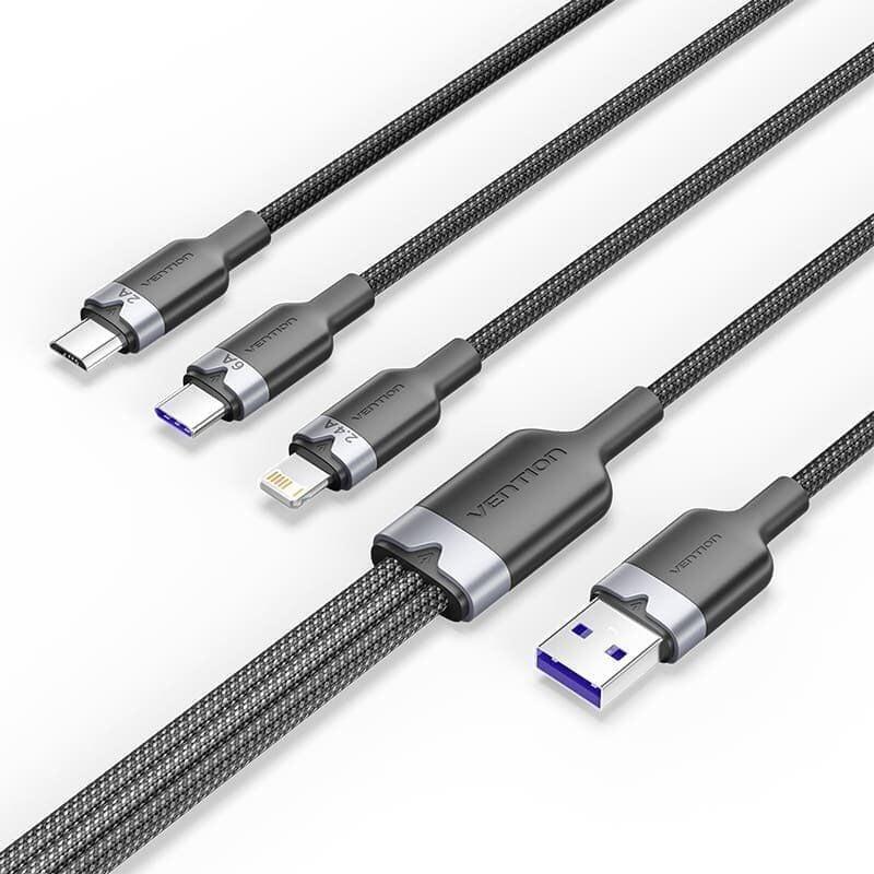 Cable Usb 2.0 Lightning Vention Ctpbg Usb Macho Usb Tipo-C Macho Microusb Macho Lightning Macho 1.5m Negro