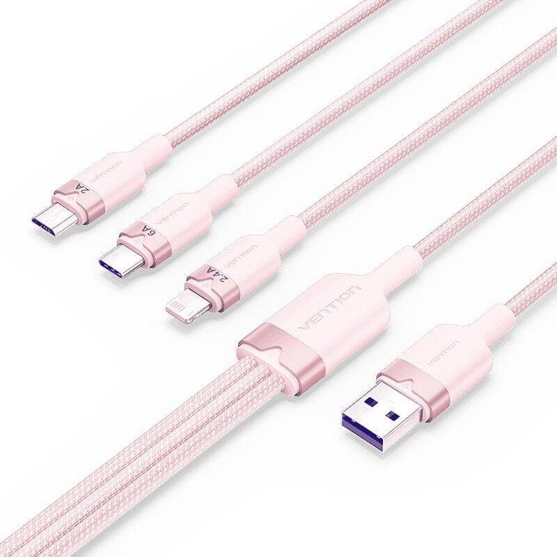Cable Usb 2.0 Lightning Vention Ctrpg Usb Macho Usb Tipo-C Macho Microusb Macho Lightning Macho 1.5m Rosa