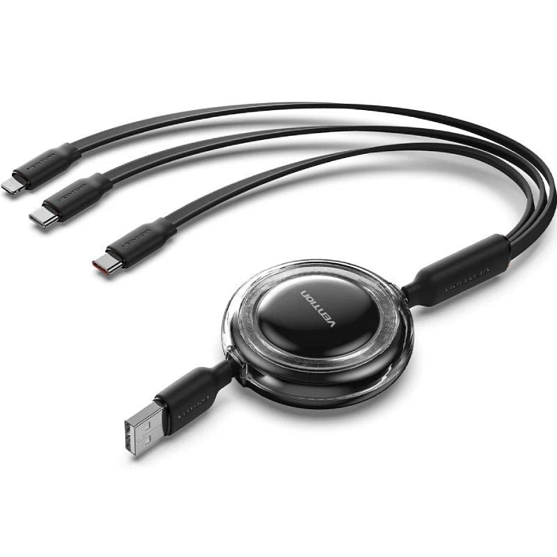 Cable Usb Retráctil Vention Trjbbe Usb Macho Lightning 2xusb Tipo-C Hasta 17.5w 10gbps 1.1m Negro