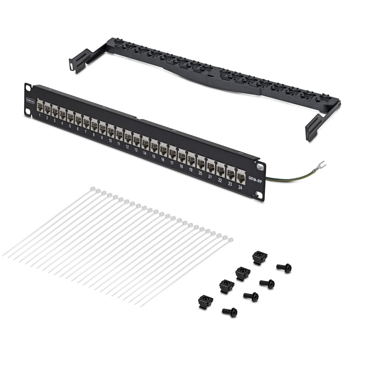 Startech.Com Startech - Durchgangspatchpanel - Con Gestión De Cables-Barra, Inline-Acoplamientos - Rack Montable - Cat 6a - Stp - Rj-45 X 24 - Negro & Plateado - 1u - 48.3 Cm (19")