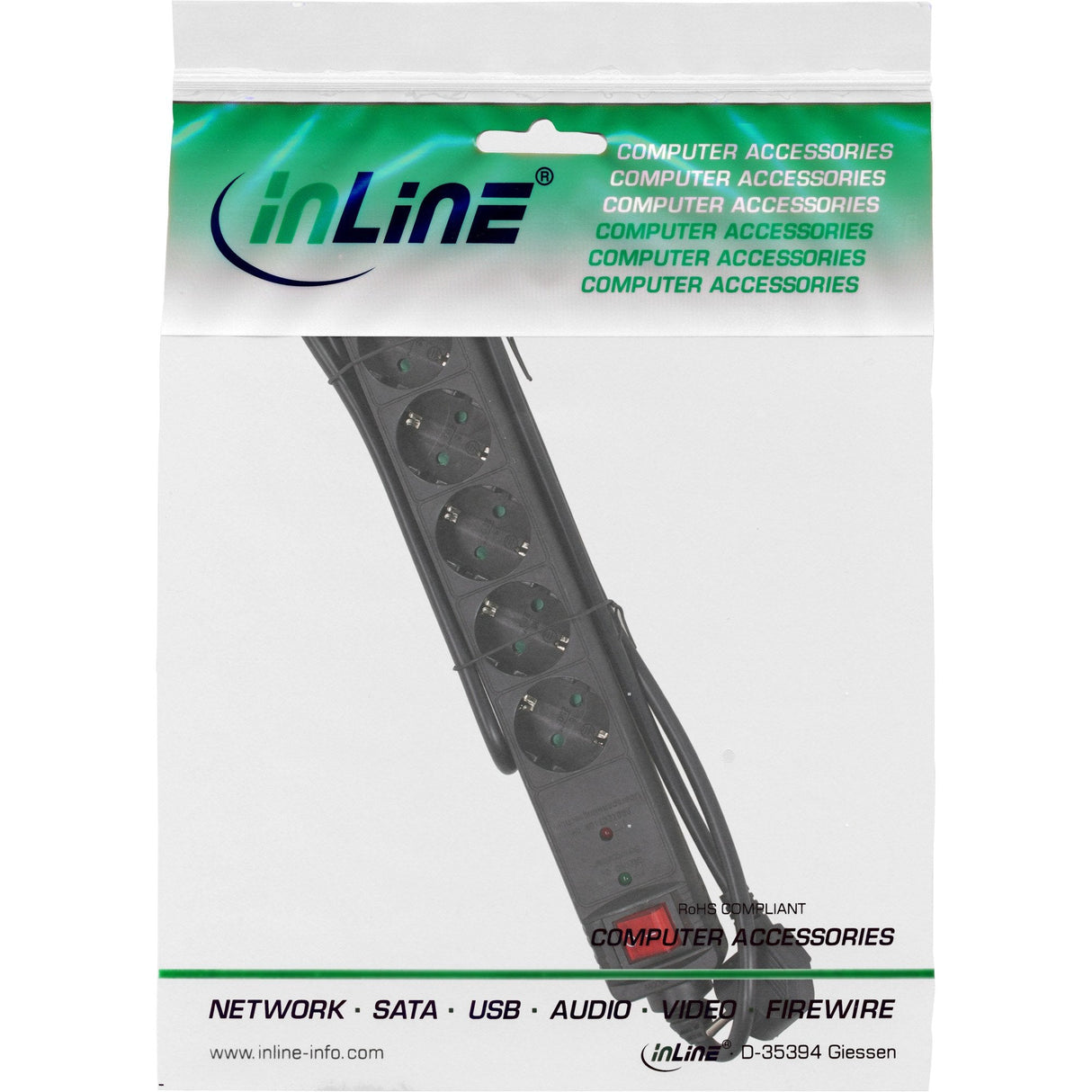 Inline Regleta 6 Tomas Con Protección 6x Tipo F Con Interruptor Negro 1.5m
