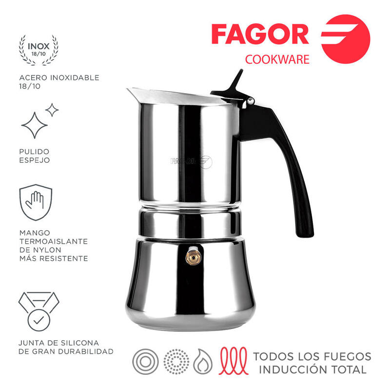 Cafetera Inox Etnica 4 Tazas Acero Inoxidable 18/10 Fagor