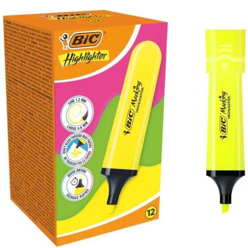 Caja De Marcadores Fluorescentes Bic Highlighter Flat Neón 12 Unidades Amarillos