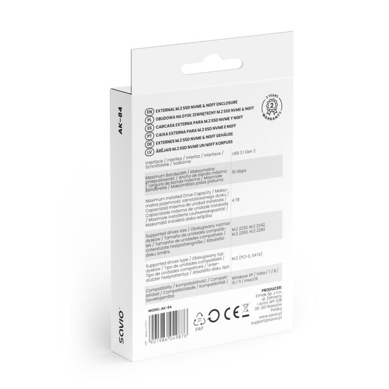 Caja Savio Ak-84 Para Disco Duro Externo Caja Externa Para Unidad De Estado Sólido (Ssd) Negro M.2