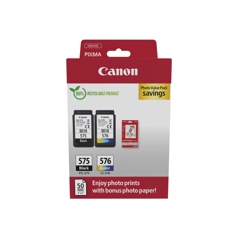 Canon Pg-575/Cl-576 Pack De 2 Cartuchos De Tinta Originales + 50 Hojas De Papel Fotografico - 5438c004