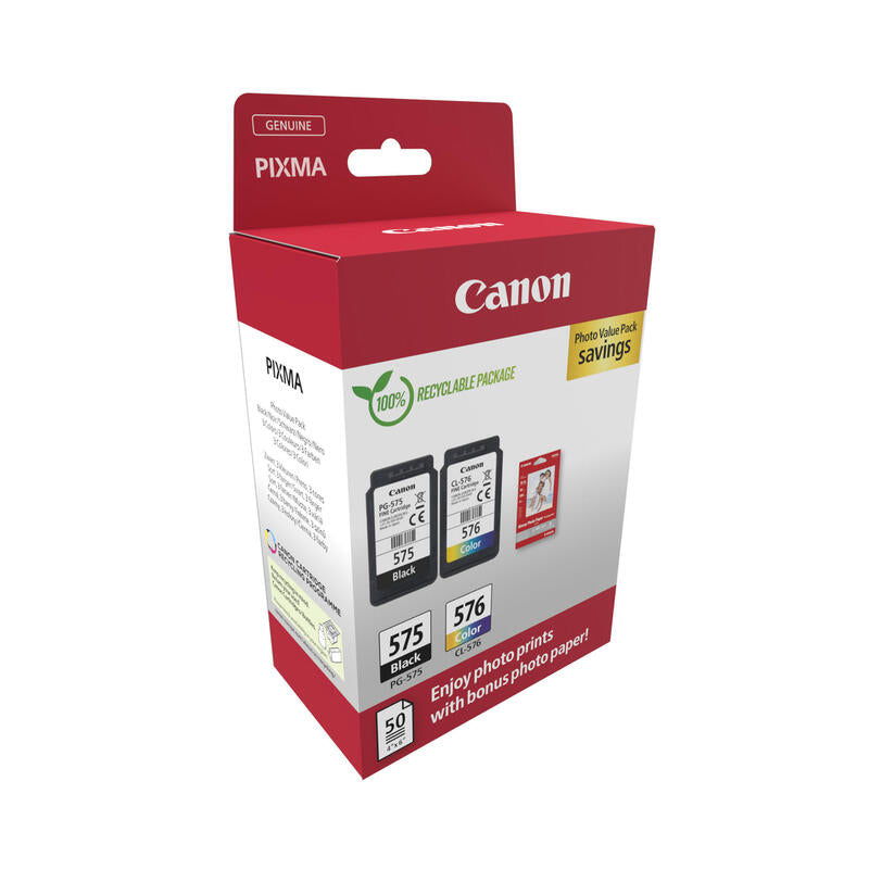 Canon Pg-575/Cl-576 Pack De 2 Cartuchos De Tinta Originales + 50 Hojas De Papel Fotografico - 5438c004