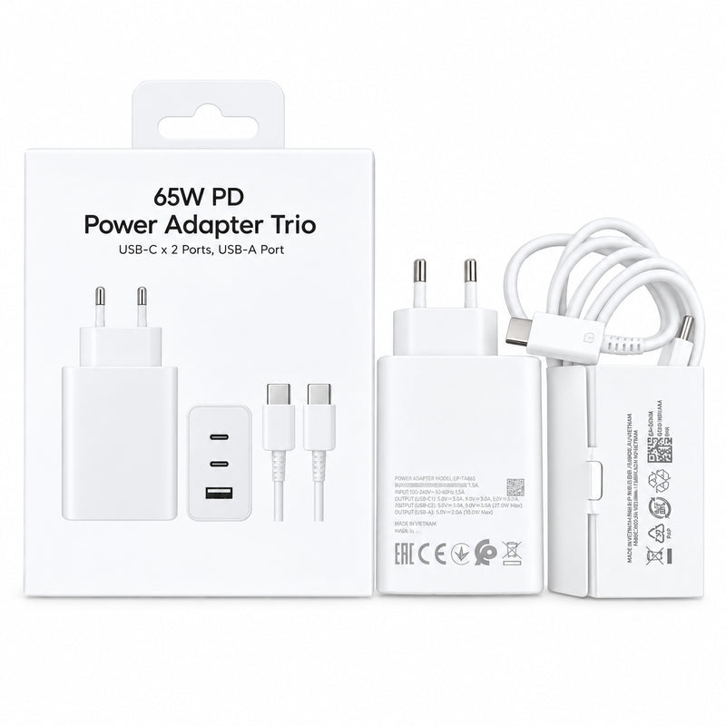 Cargador De Pared 65w · 2xusb Tipo C · 1xusb · Blanco