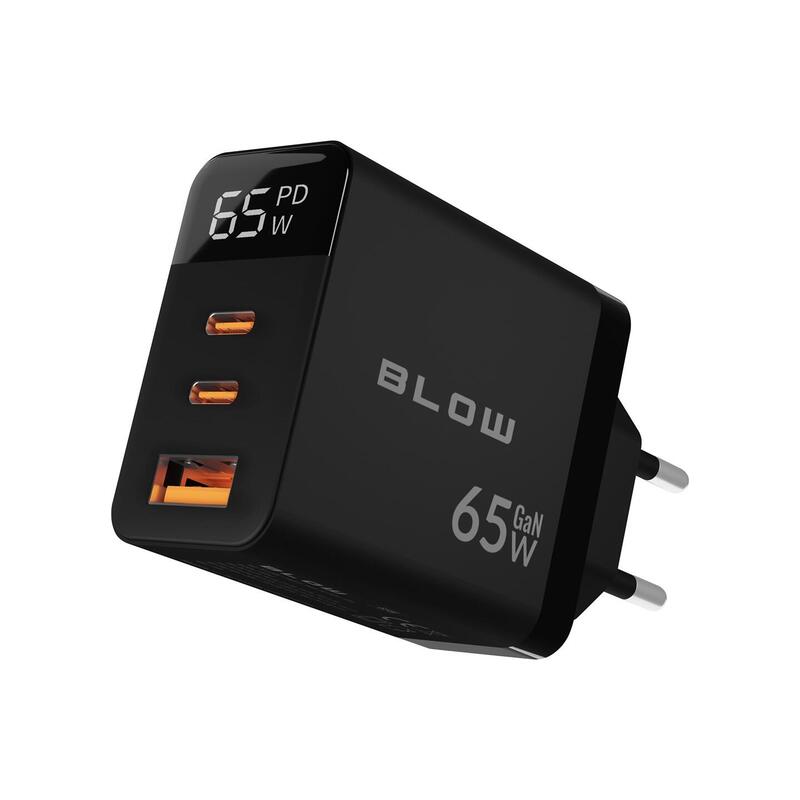 Cargador De Pared Lcd Con Toma Usb + Usb-Cx2 Pd 65w Gan Negro Vatímetro