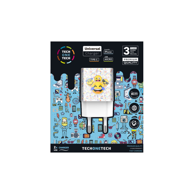 Cargador De Pared Tech One Tech Emojitech Smile Tec2502 2xusb 2.4a Blanco