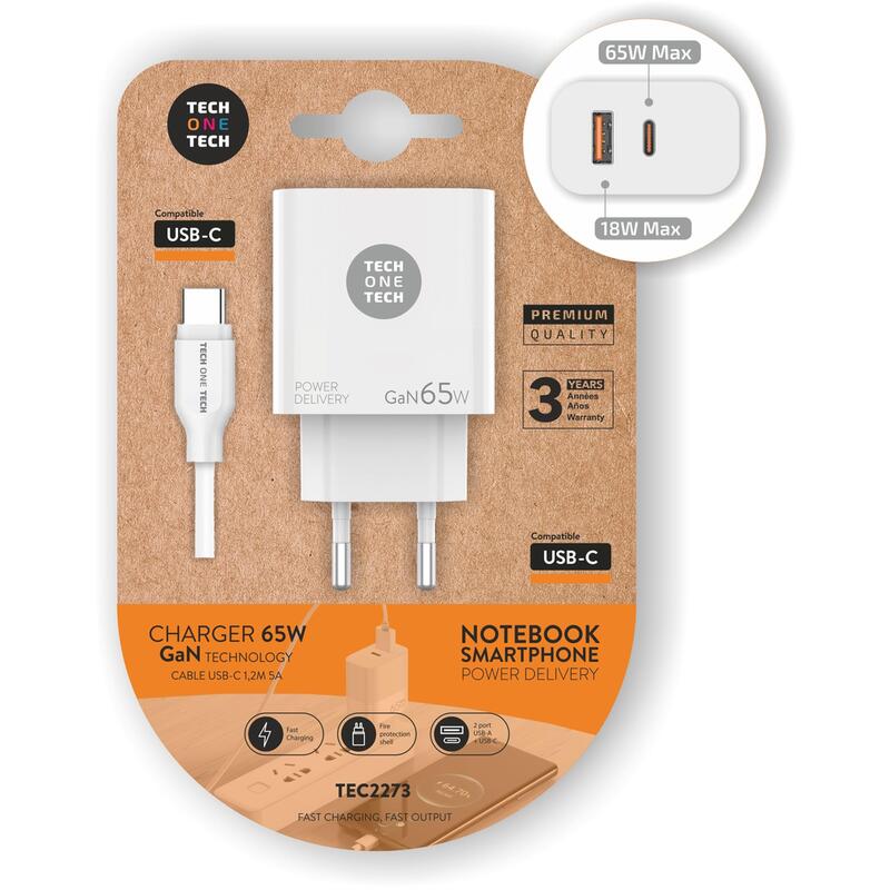 Cargador De Pared Tech One Tech Gan Pd Tec2273 1xusb Tipo-C 1x Usb 65w