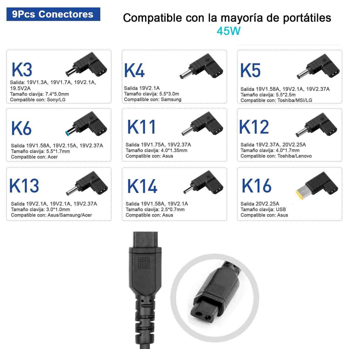 Cargador Universal De Pared Ultra Portable 45W 9Tips