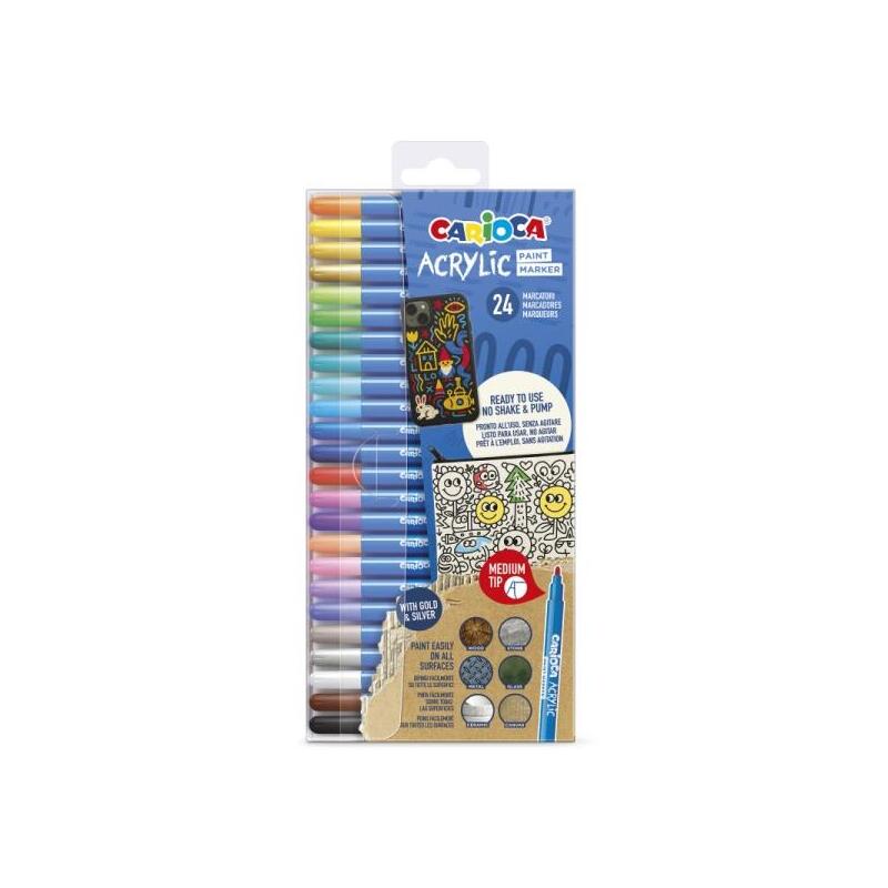 Carioca Acrylic Pack De 24 Marcadores De Pintura Acrilica - Punta Media - Tinta A Base De Agua - Alta Cobertura -