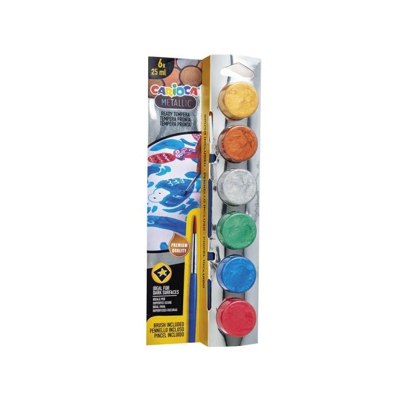 Carioca Metallic Pack De 6 Temperas En Botes De 25ml + Pincel - Superlavables - Mezclables - Colores Metallic Surtidos