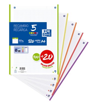 Oxford Recambio Classic A4 100+20h Gratis 4x4mm 5 Bandas Colores Vivos