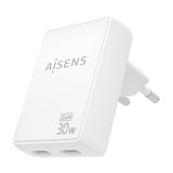 Aisens Cargador De Pared Gan Ultra Delgado 30w, 2xusb-C Pd3.0 Qc4.0, Blanco