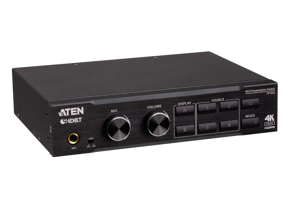 Aten Switch De Presentación True 4k 4 X 2 Con Escalador De Vídeo, Dsp Y Hdbaset-Lite