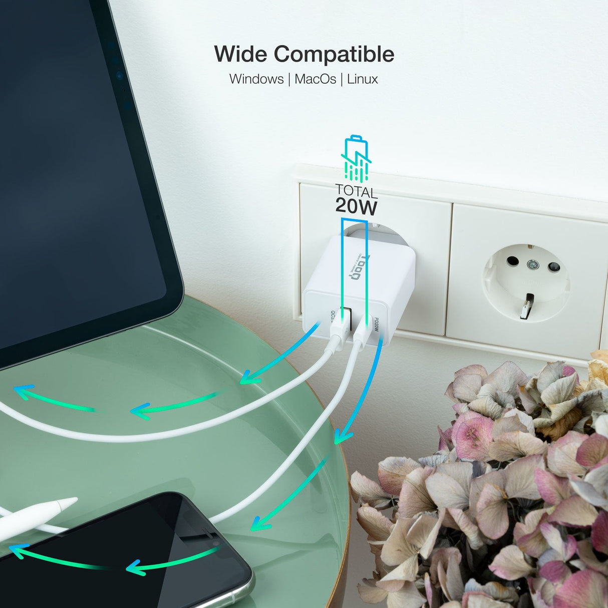 Tooq Cargador De Pared Usb 3.0 18w, Usb-C 20w - Carga Rapida - Blanco