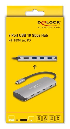 Delock 64323 Concentrador Usb 10 Gbps De 7 Puertos Y Salida Hdmi 4k Con Conexión Usb Type-C Y Pd 3.0 90 W