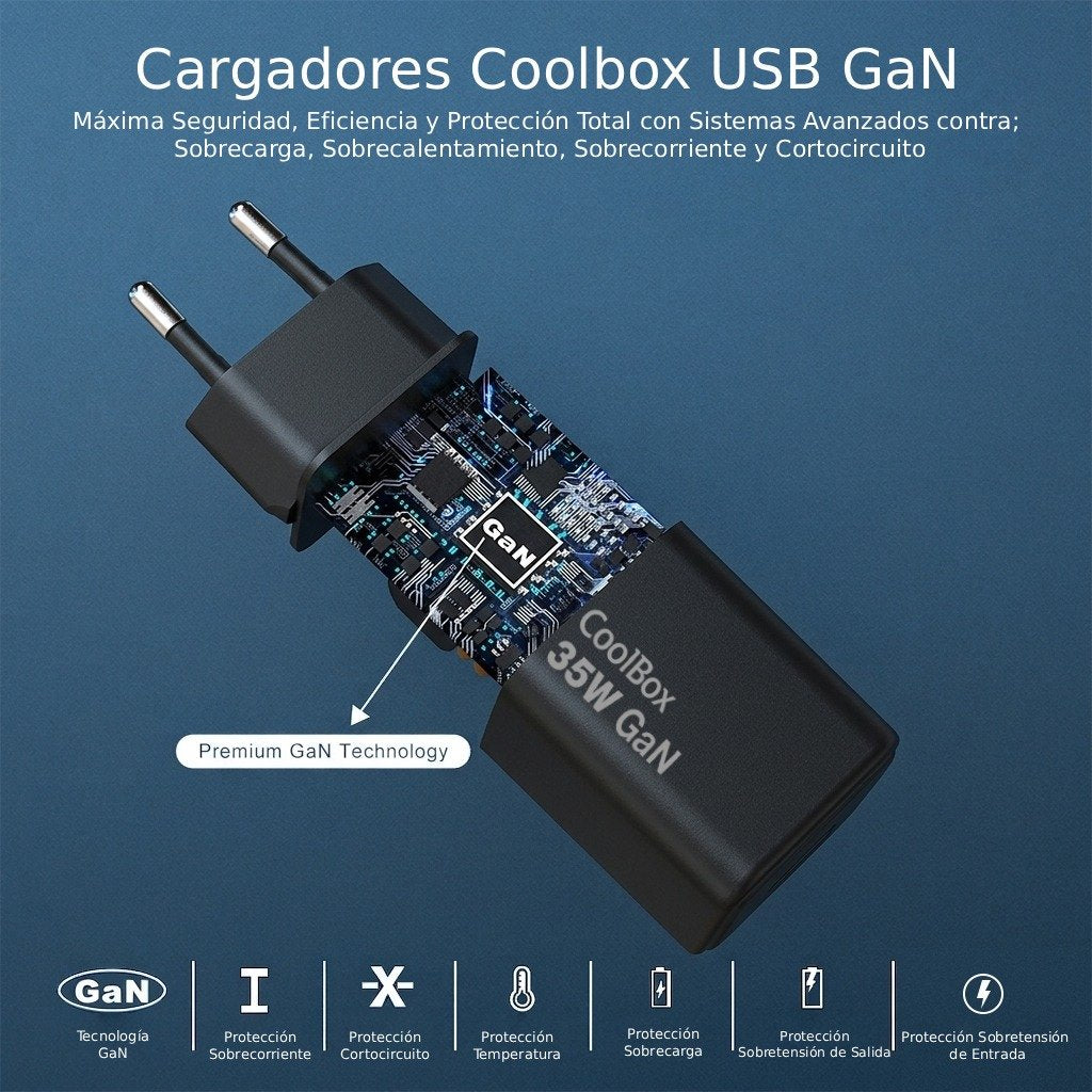 Coolbox Cargador Gan 35w - 1xusb-C - 1xusb-A - Carga Rapida 3.0 - Power Delivery - Negro