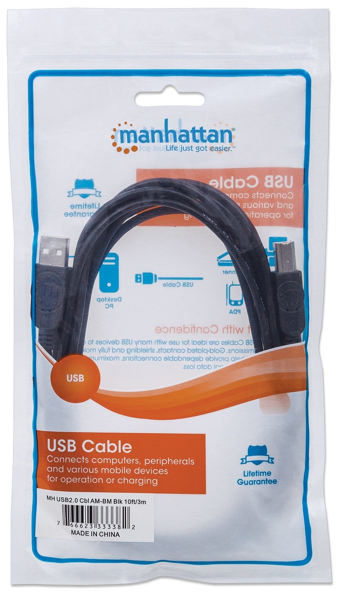 Cable Manhattan Usb 2.0, Usb-A A Usb-B, Macho A Macho, 3 M, Negro